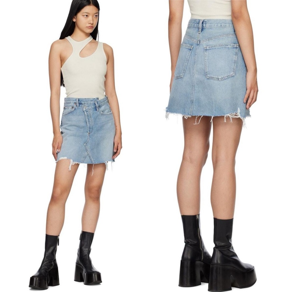 NWT AGOLDE Criss Cross Denim Jean Mini Skirt Distressed Light Blue Size 24